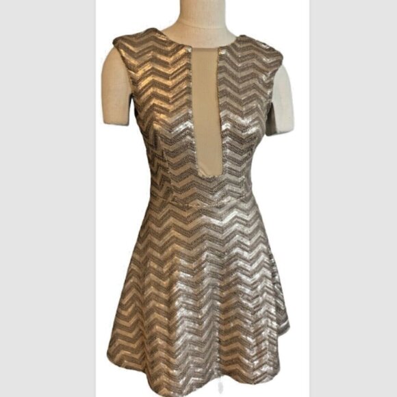 BEBE Frosty Zig-Zag Sequin Sleeveless Flare Party Dress Sz S Gold #167D - Picture 3 of 14